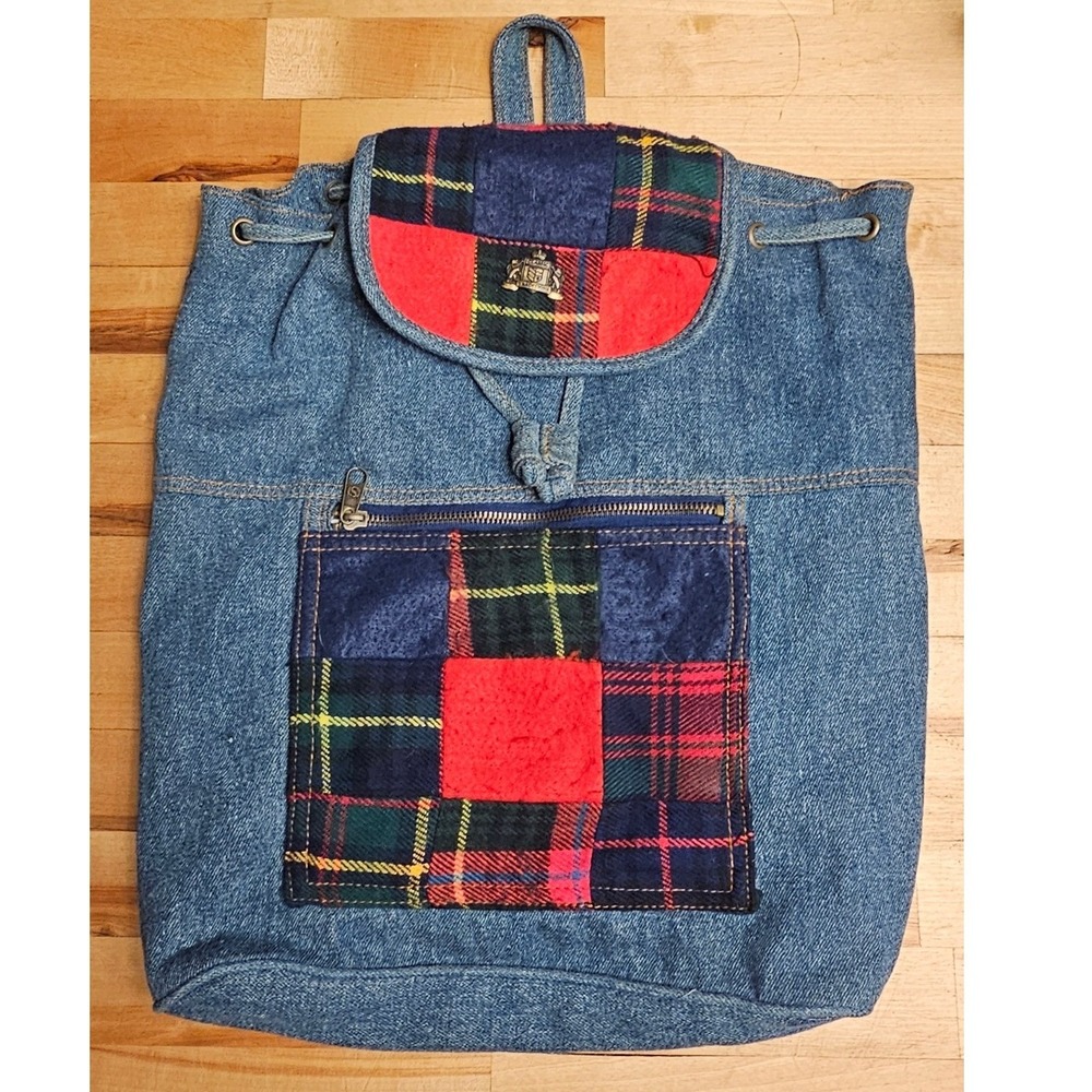Classic Traditions‎ Vintage Denim Patchwork Backpack Plaid Rucksack Blue Medium